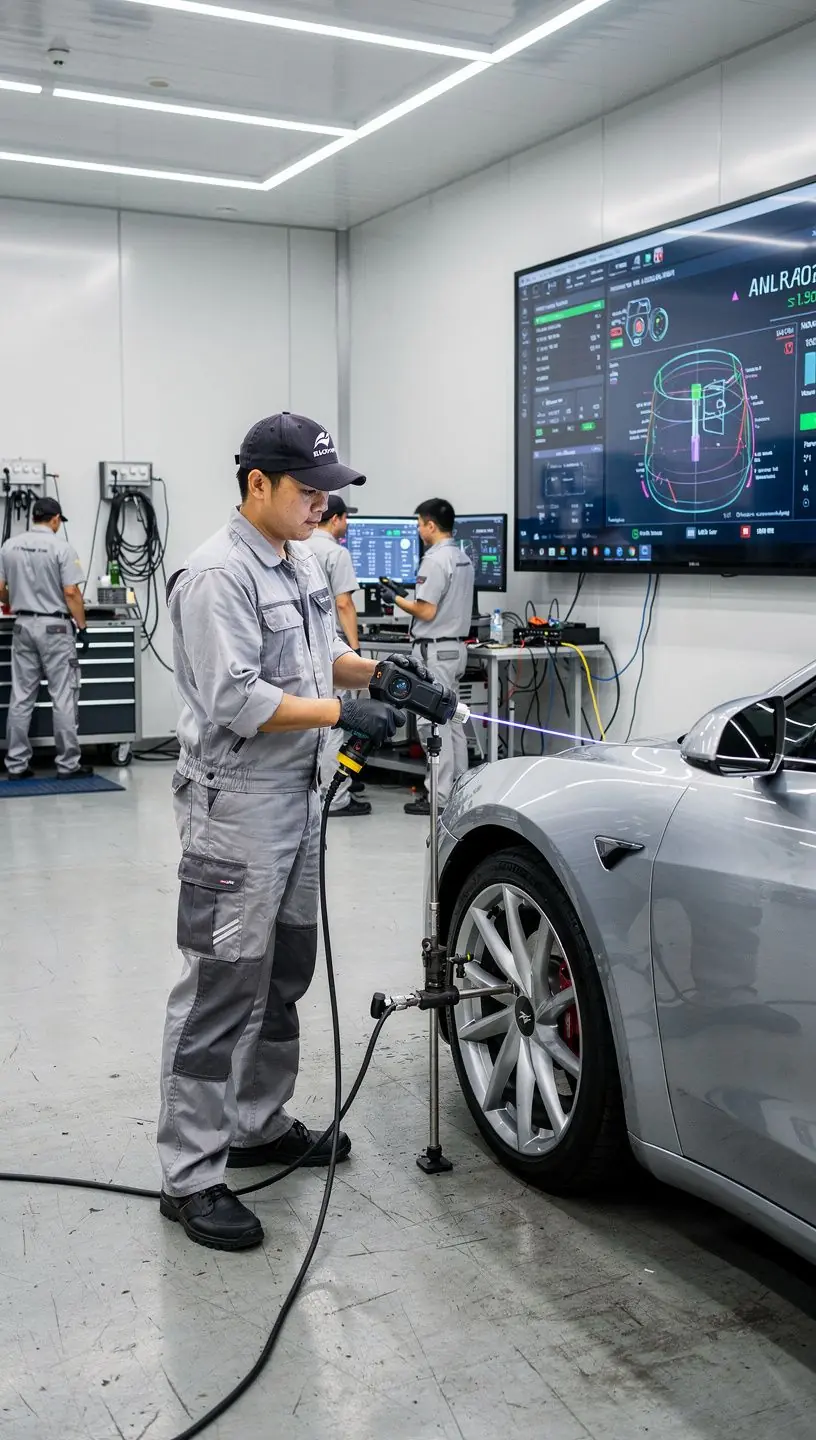 Werkstatt mit Hightech-Ausrüstung zur professionellen Radvermessung und Lenkradkalibrierung